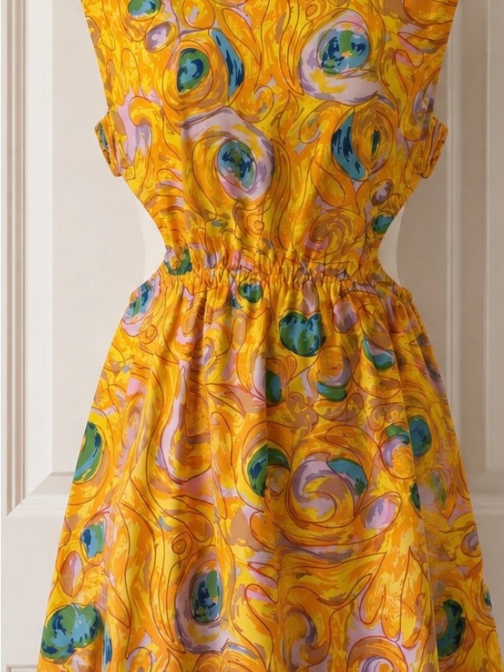 Yellow Swirl Print Mini Dress with Defined Waist